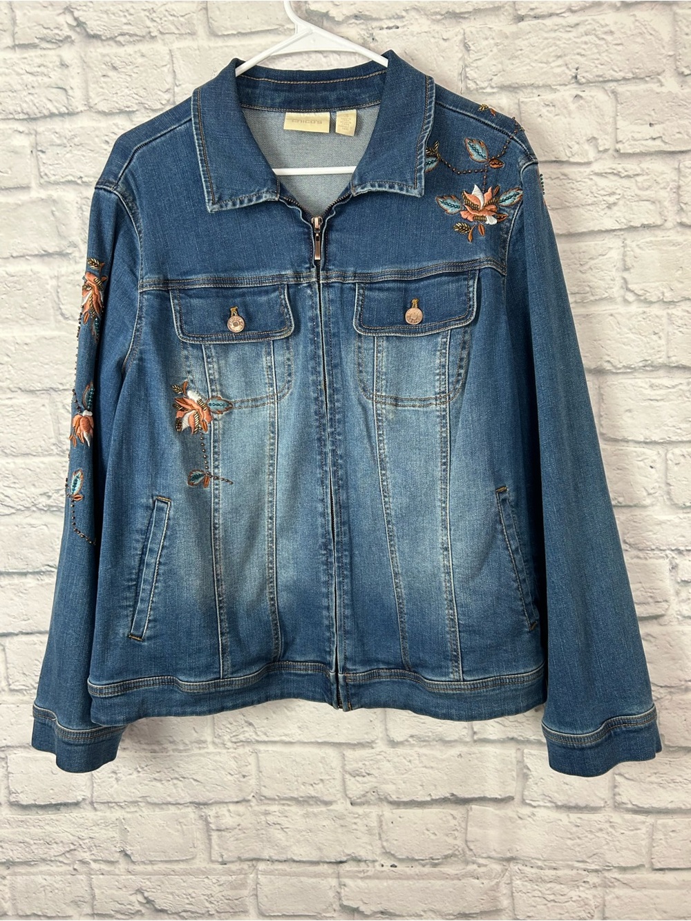 Chico’s Size 3/XL Denim Jacket Embroidered Floral Beaded Zip Front Stretch